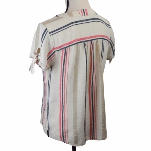 Linen Blend Short Tie Sleeve Pullover V-Neck Striped Blouse, Size Petite Small - Picture 2 of 7